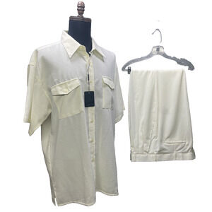 Montique Men 2Pc Walking Suit Light Yellow Short Slv Shirt XL Cuffed Pants 38x29